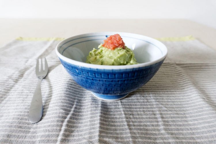 avocado mash with salted pollack roe